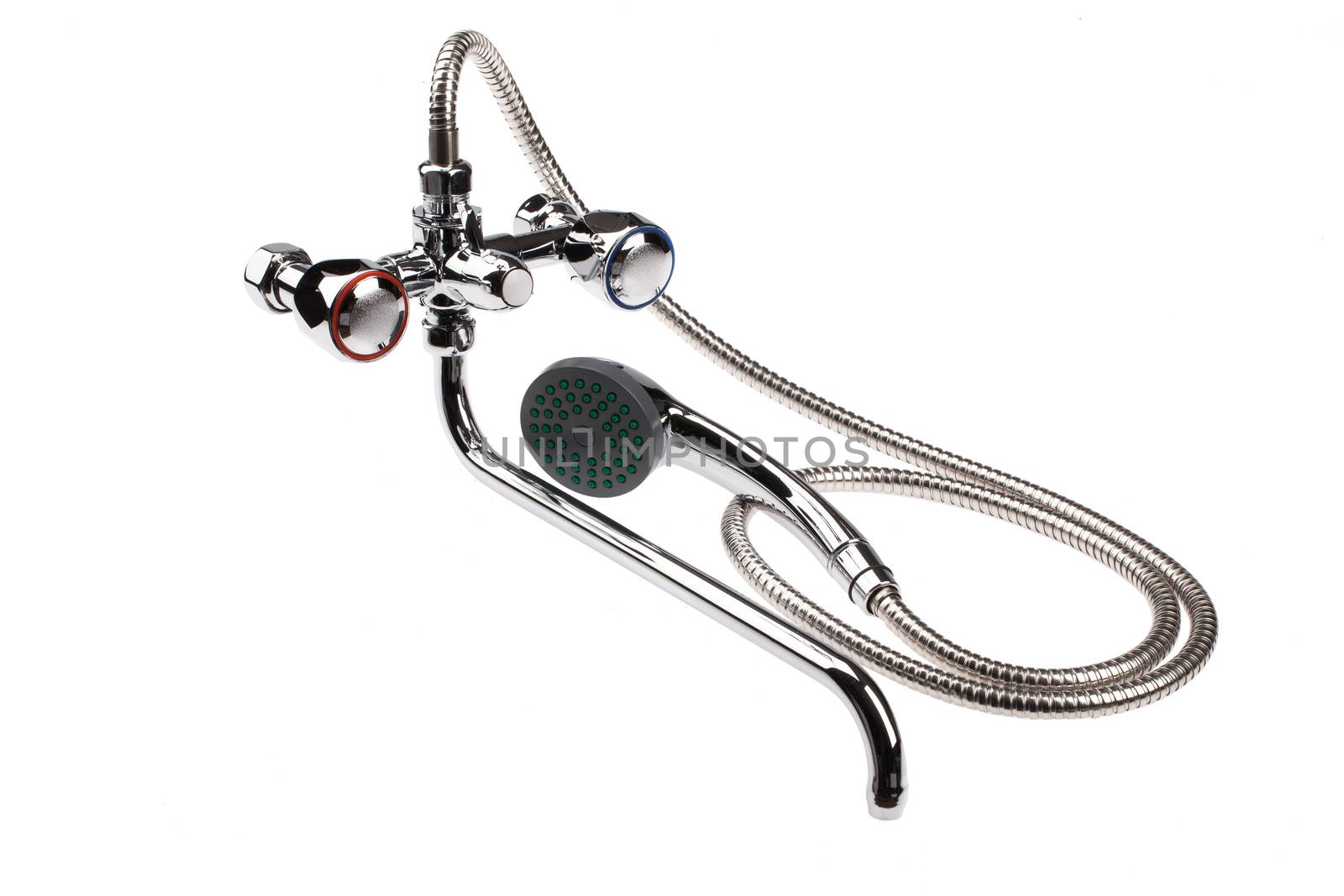 Metal chromium-plated water mixer on an isolated background