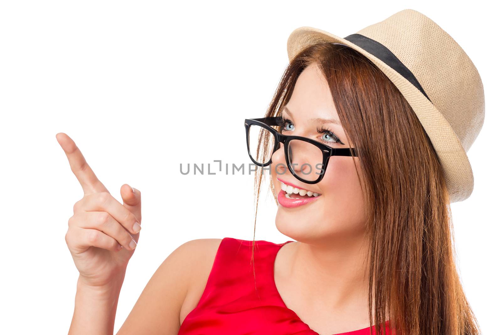 beautiful girl in a hat shows his finger up on a white backgroun by kosmsos111