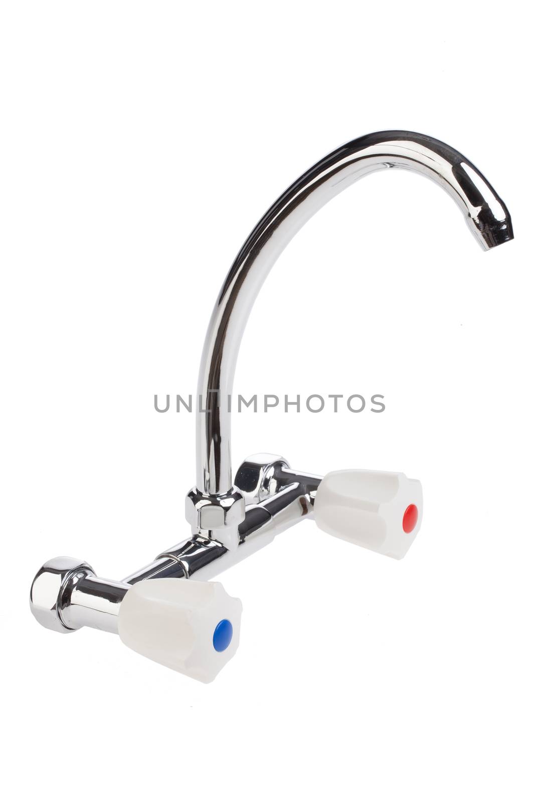 Metal chromium-plated water mixer on an isolated background