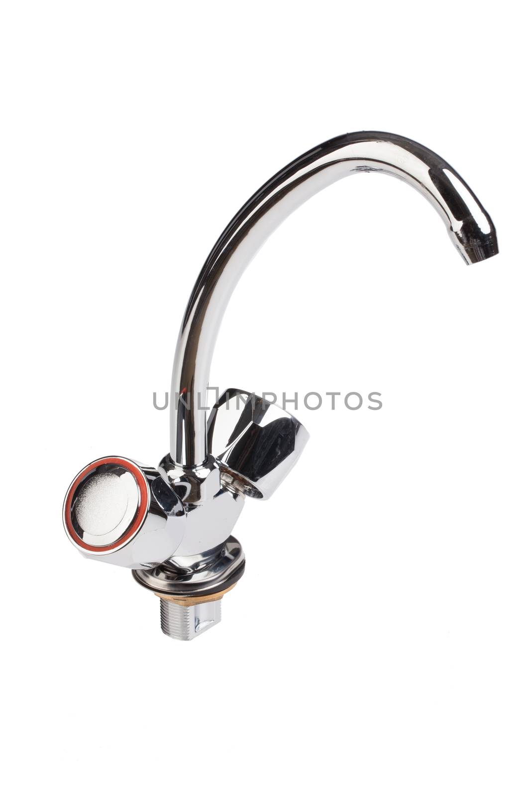 Metal chromium-plated water mixer on an isolated background