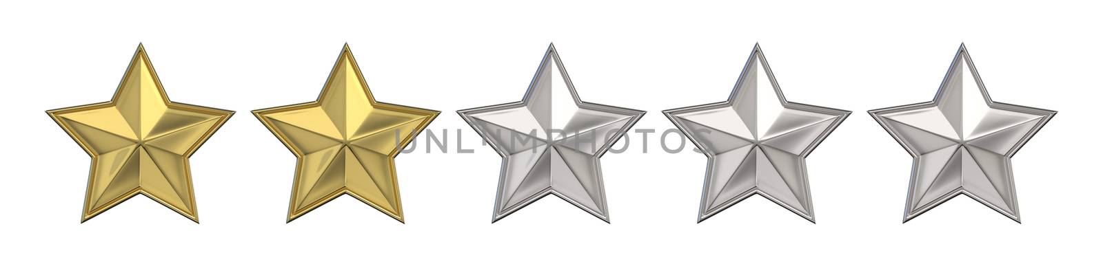 Voting concept. Rating two golden stars. 3D render illustration isolated on white background