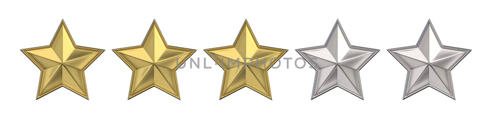 Voting concept. Rating three golden stars. 3D render illustration isolated on white background