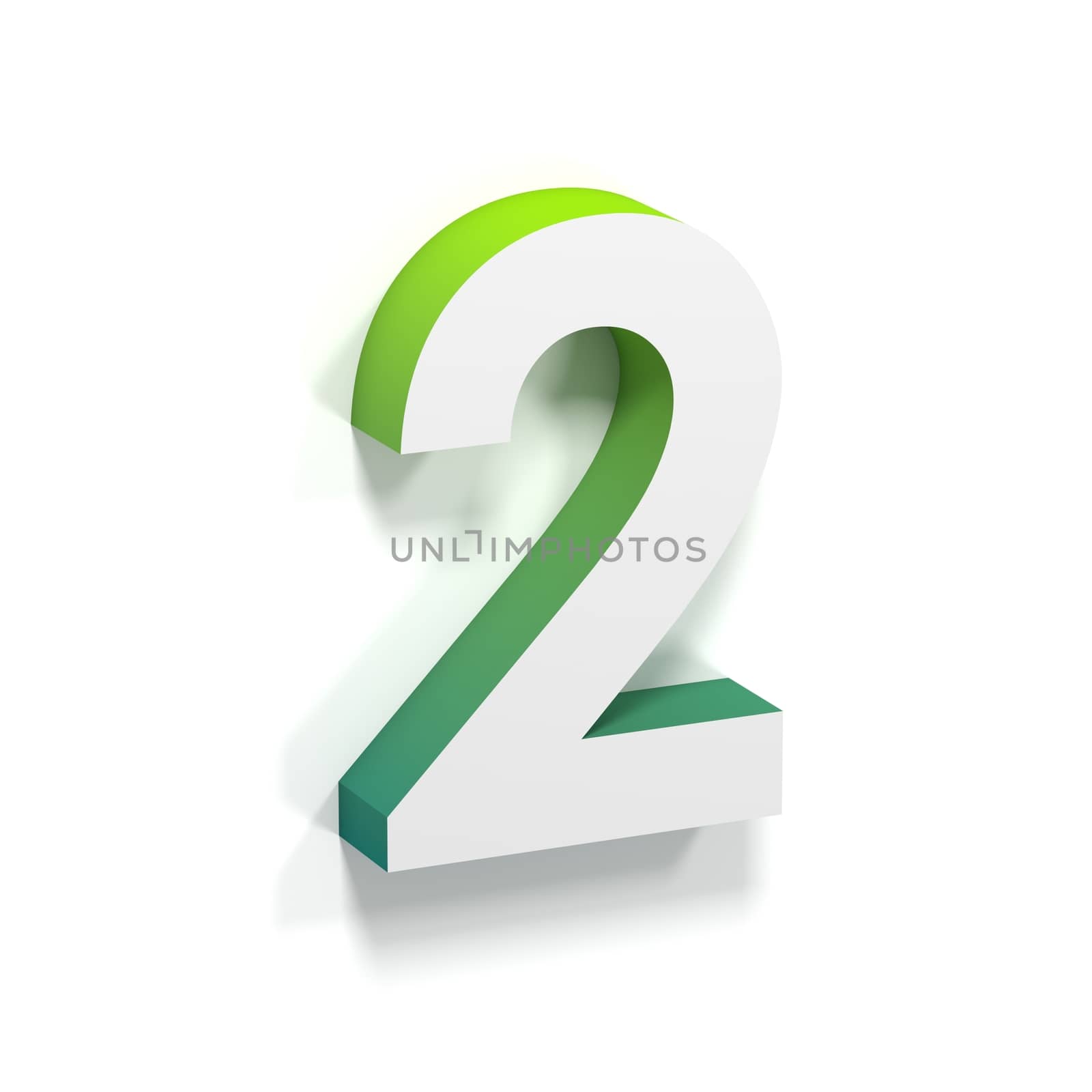 Green gradient and soft shadow number TWO - 2. 3D render illustration isolated on white background