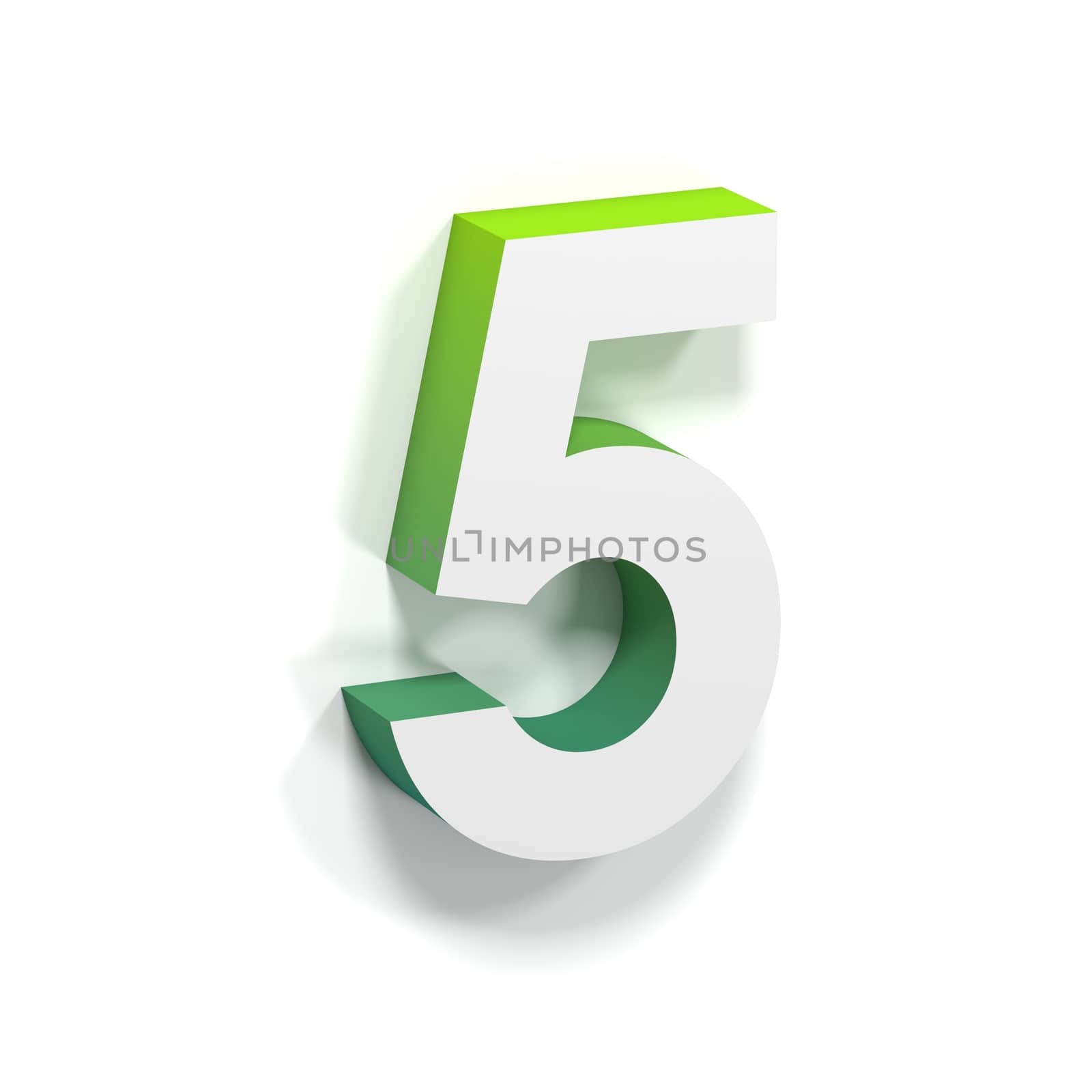 Green gradient and soft shadow number FIVE - 5. 3D render illustration isolated on white background