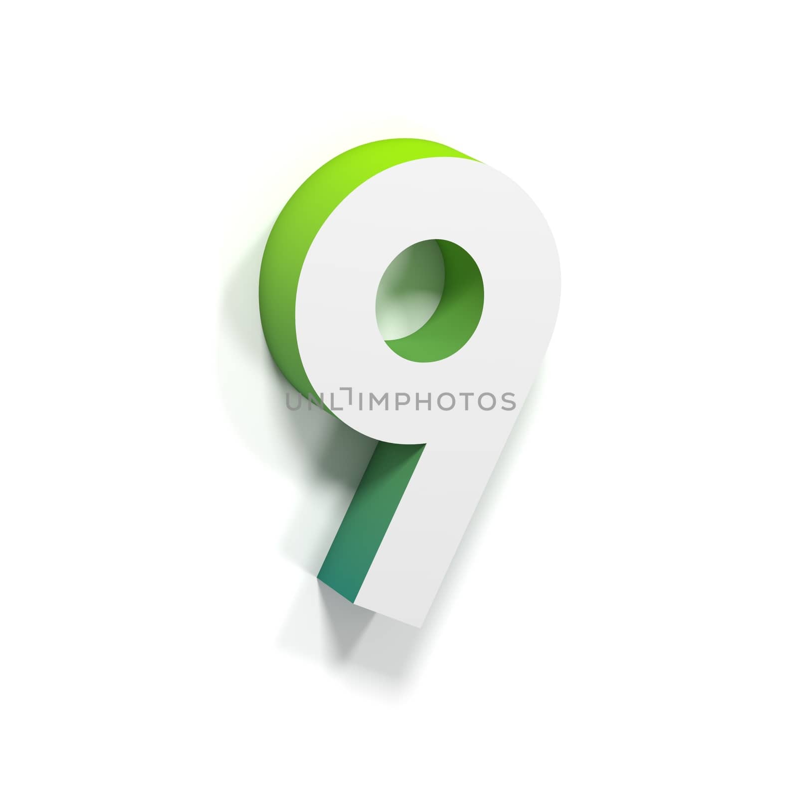 Green gradient and soft shadow number NINE - 9. 3D render illustration isolated on white background