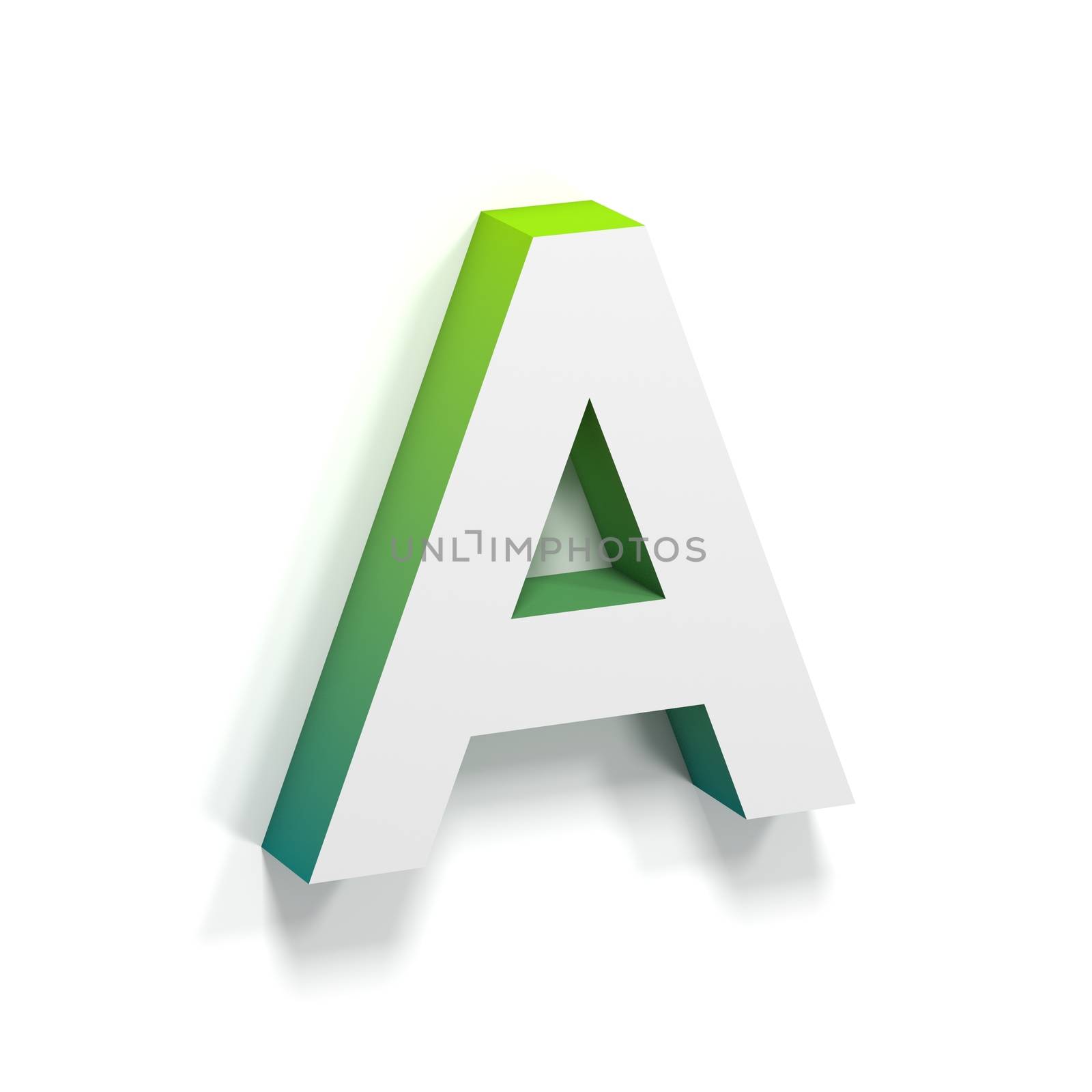 Green gradient and soft shadow font. Letter A. 3D render illustration isolated on white background