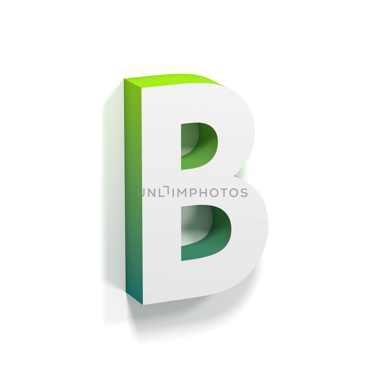 Green gradient and soft shadow font. Letter B. 3D render illustration isolated on white background