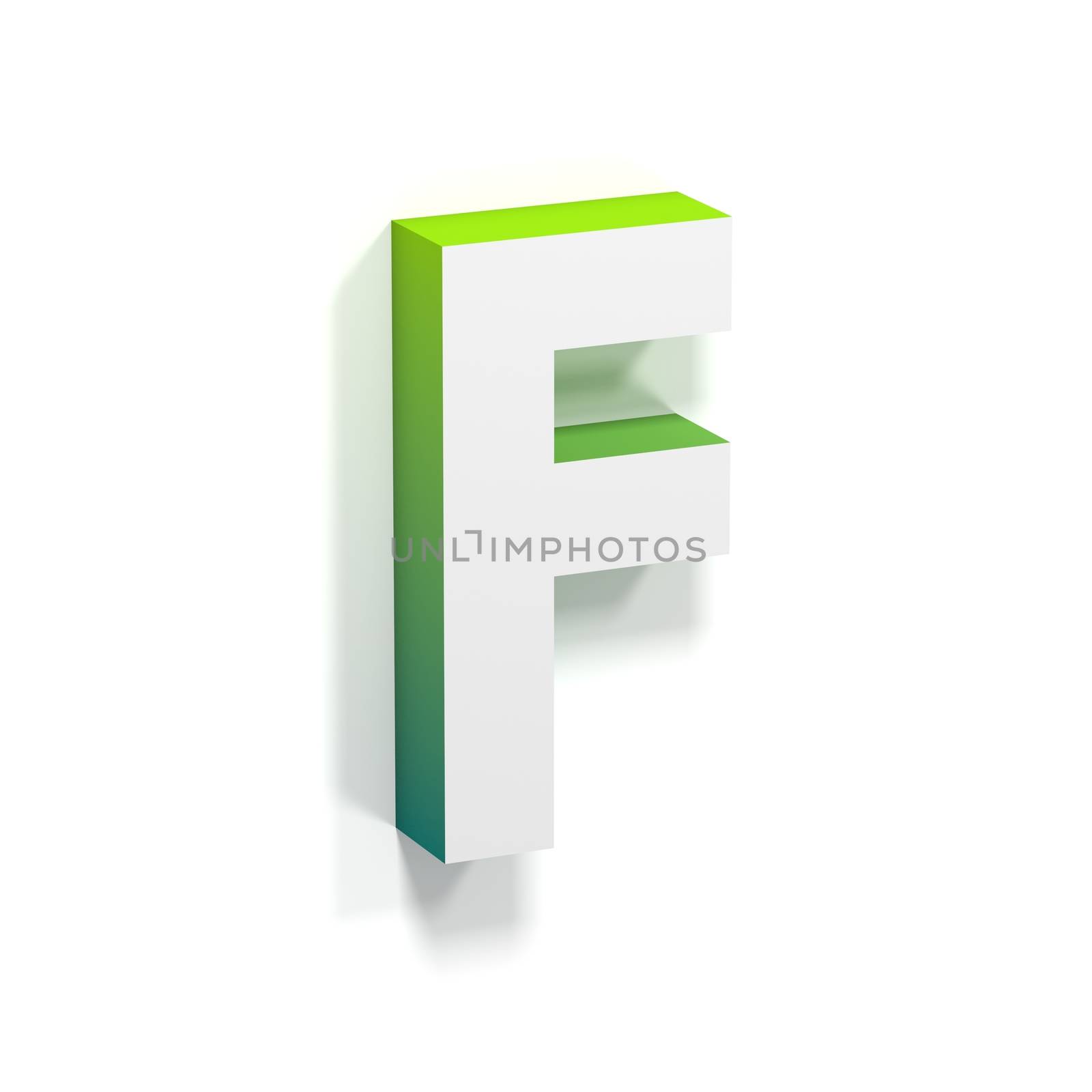 Green gradient and soft shadow font. Letter F. 3D render illustration isolated on white background