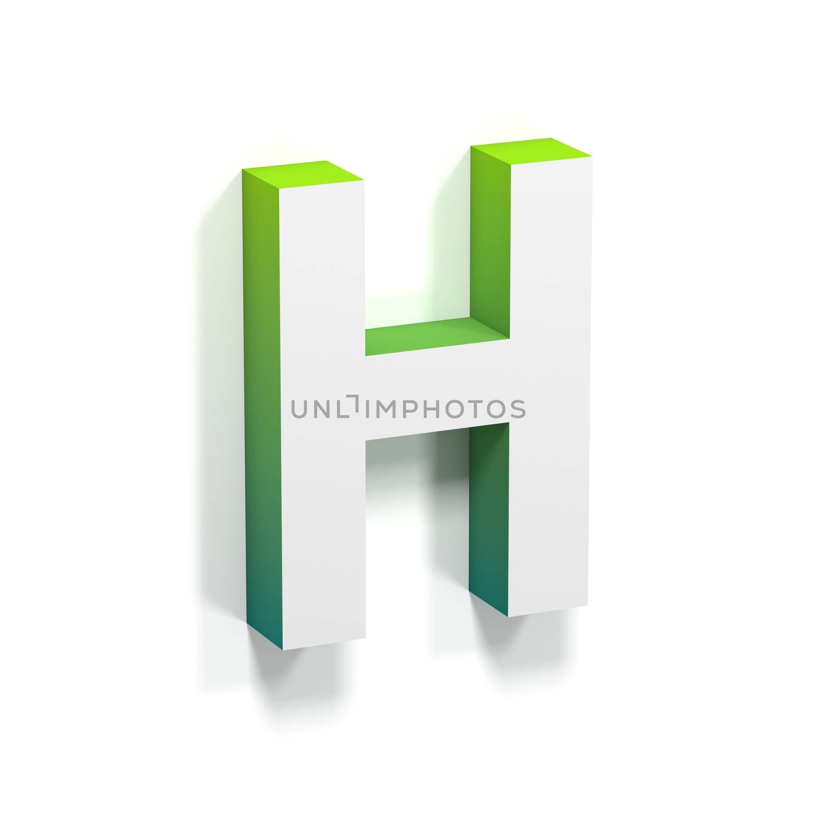 Green gradient and soft shadow font. Letter H. 3D render illustration isolated on white background