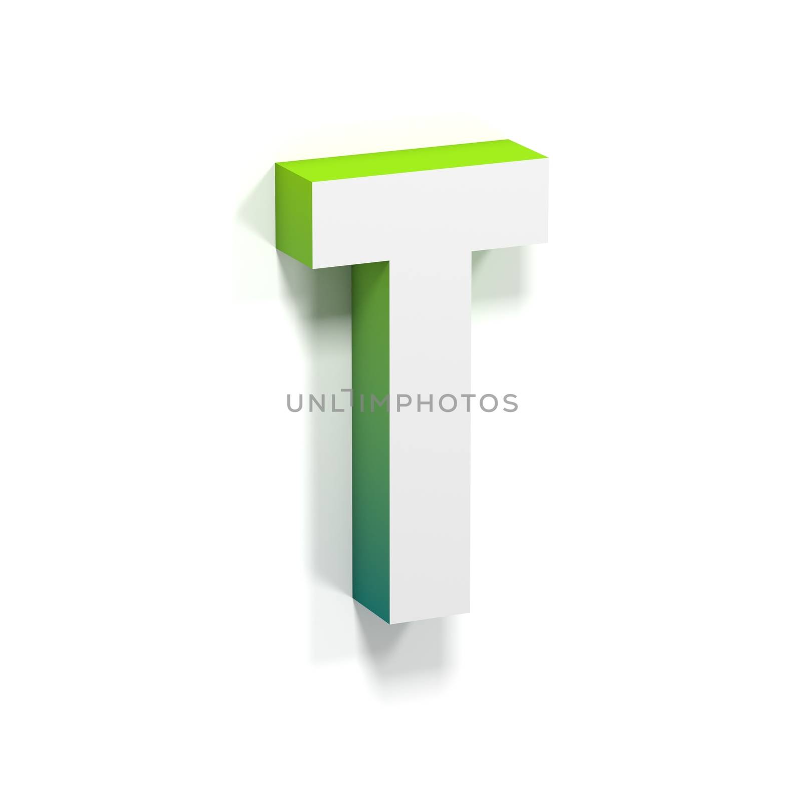 Green gradient and soft shadow font. Letter T. 3D render illustration isolated on white background