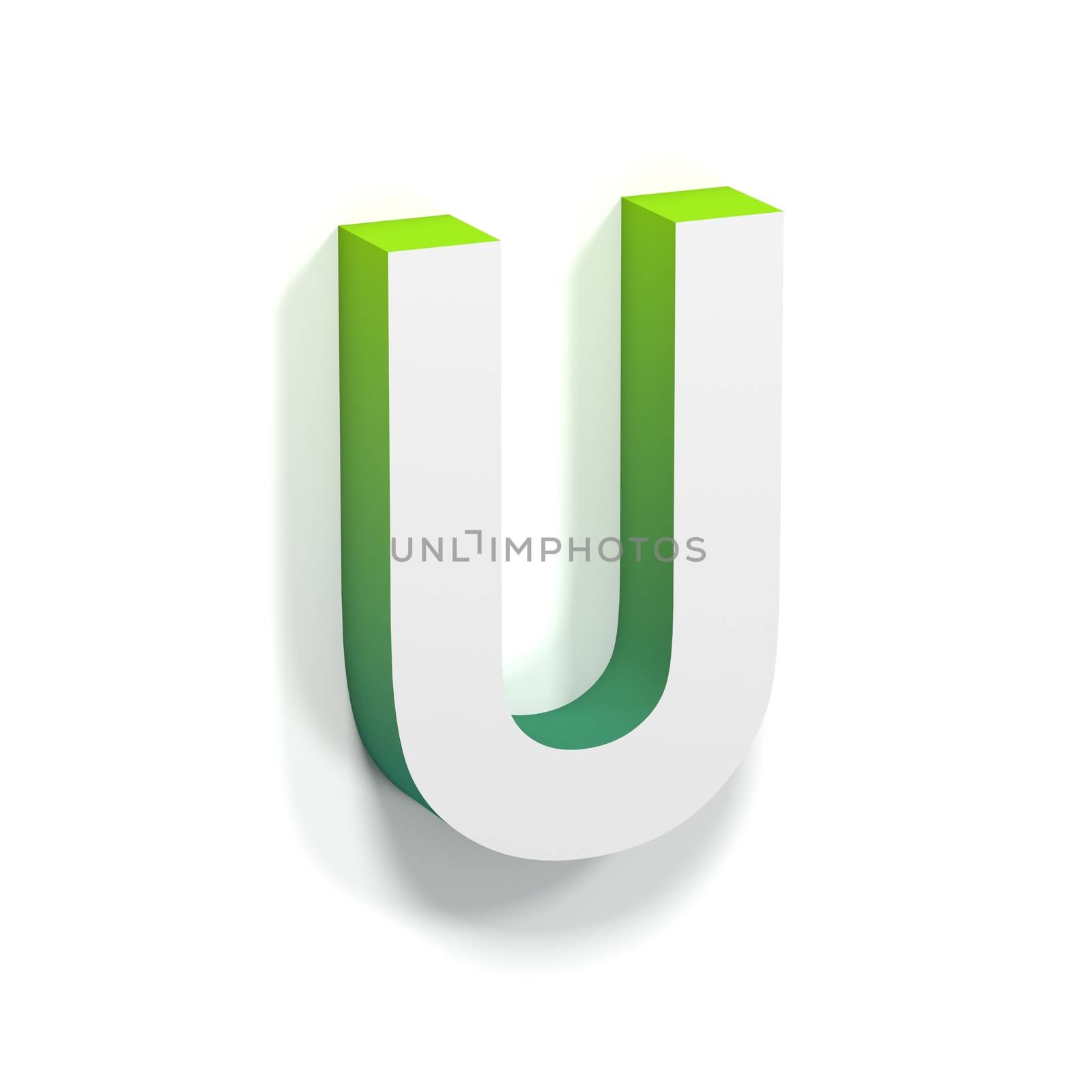 Green gradient and soft shadow font. Letter U. 3D render illustration isolated on white background