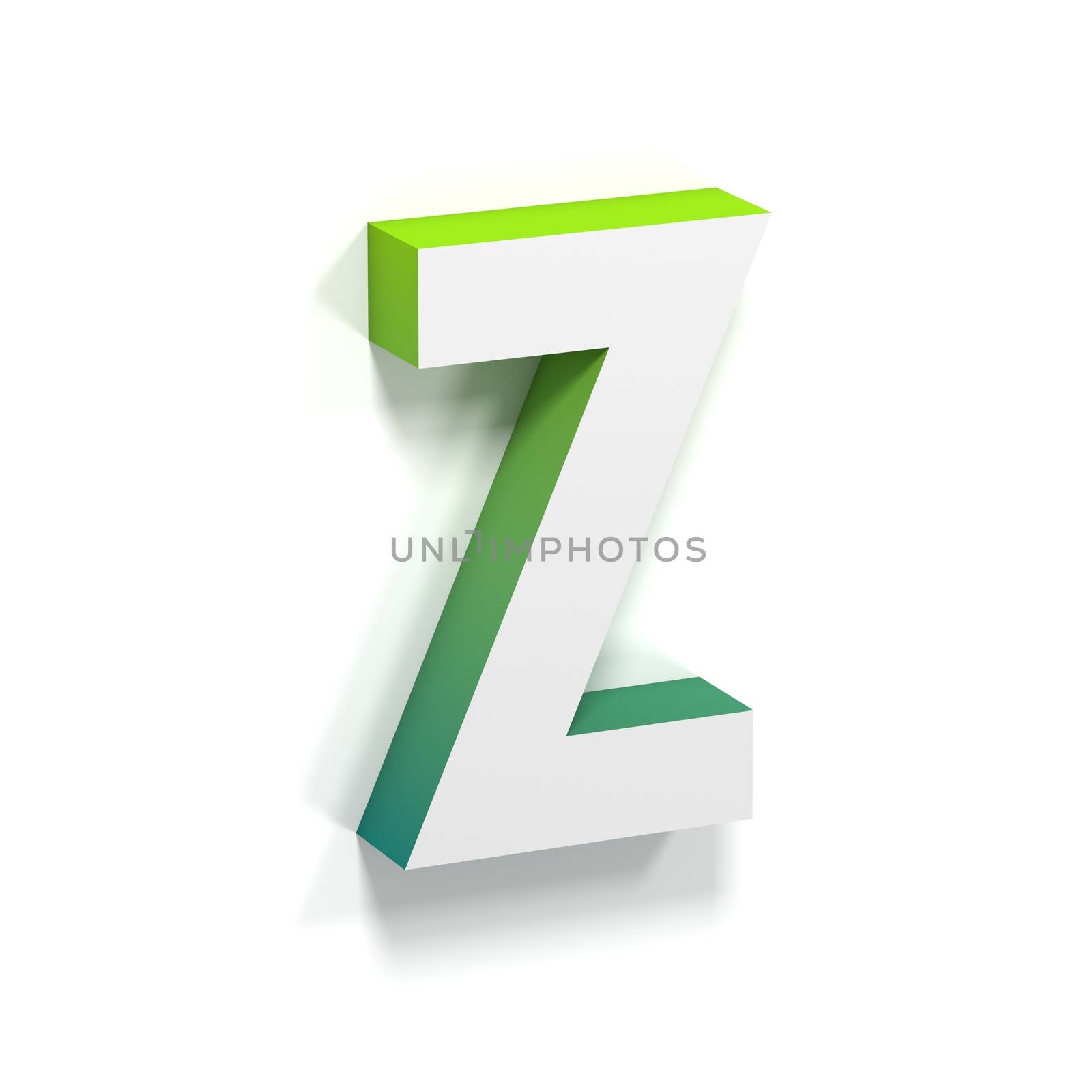 Green gradient and soft shadow font. Letter Z. 3D render illustration isolated on white background