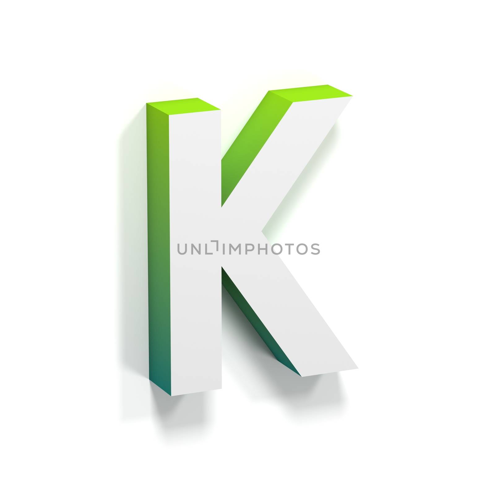 Green gradient and soft shadow font. Letter K. 3D render illustration isolated on white background