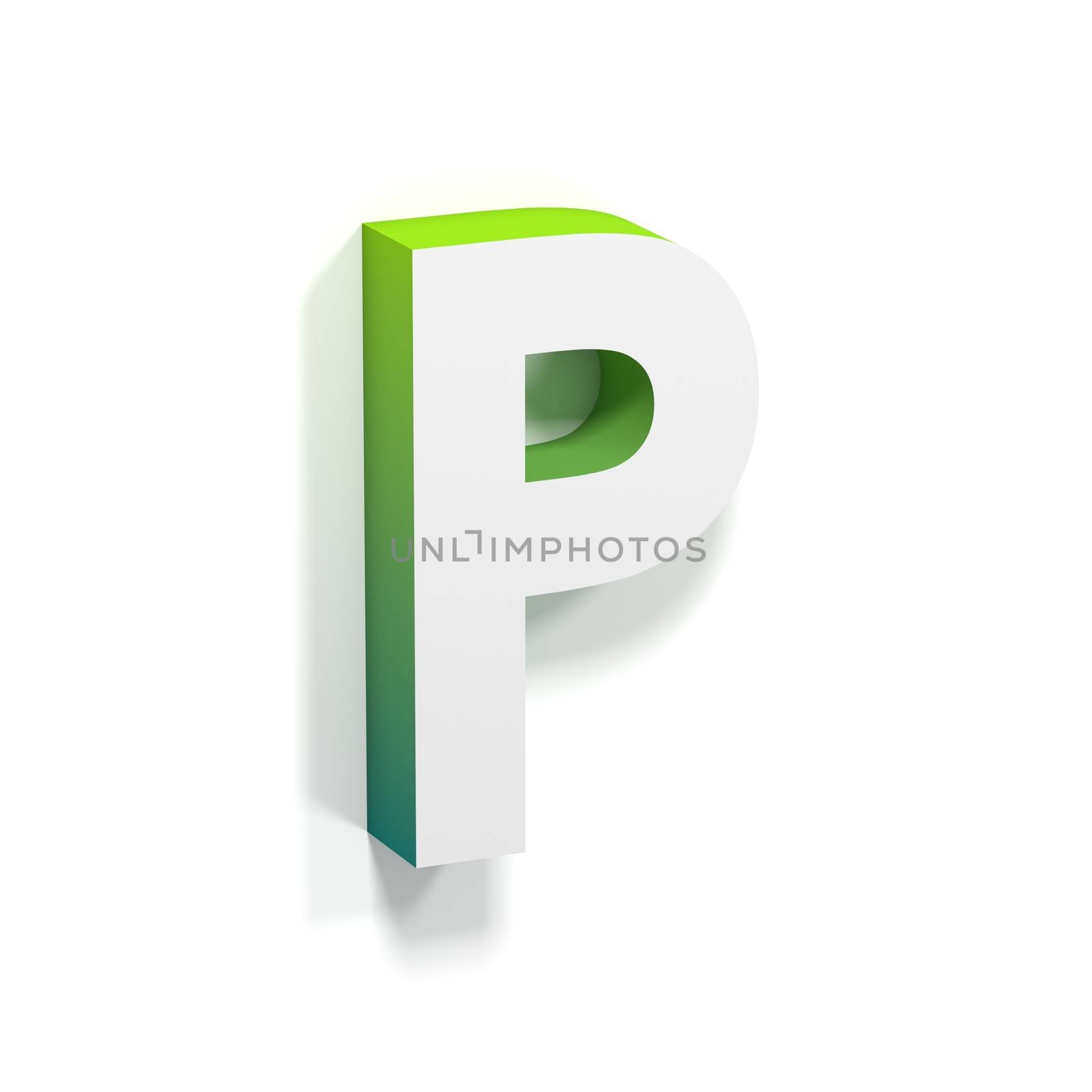 Green gradient and soft shadow font. Letter P. 3D render illustration isolated on white background