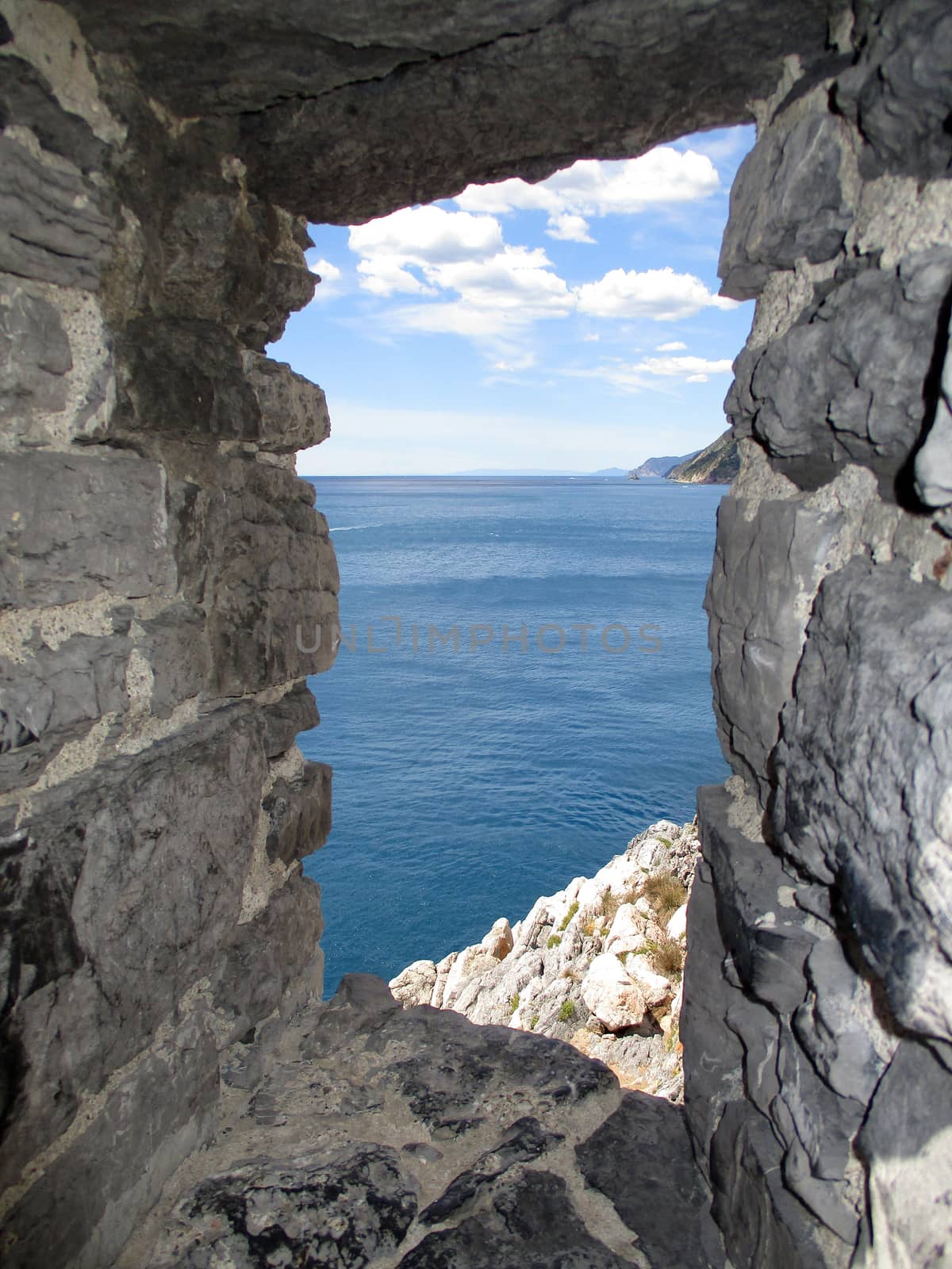 the sea of Portovenere from the remains of the old village, Liguria, Italy