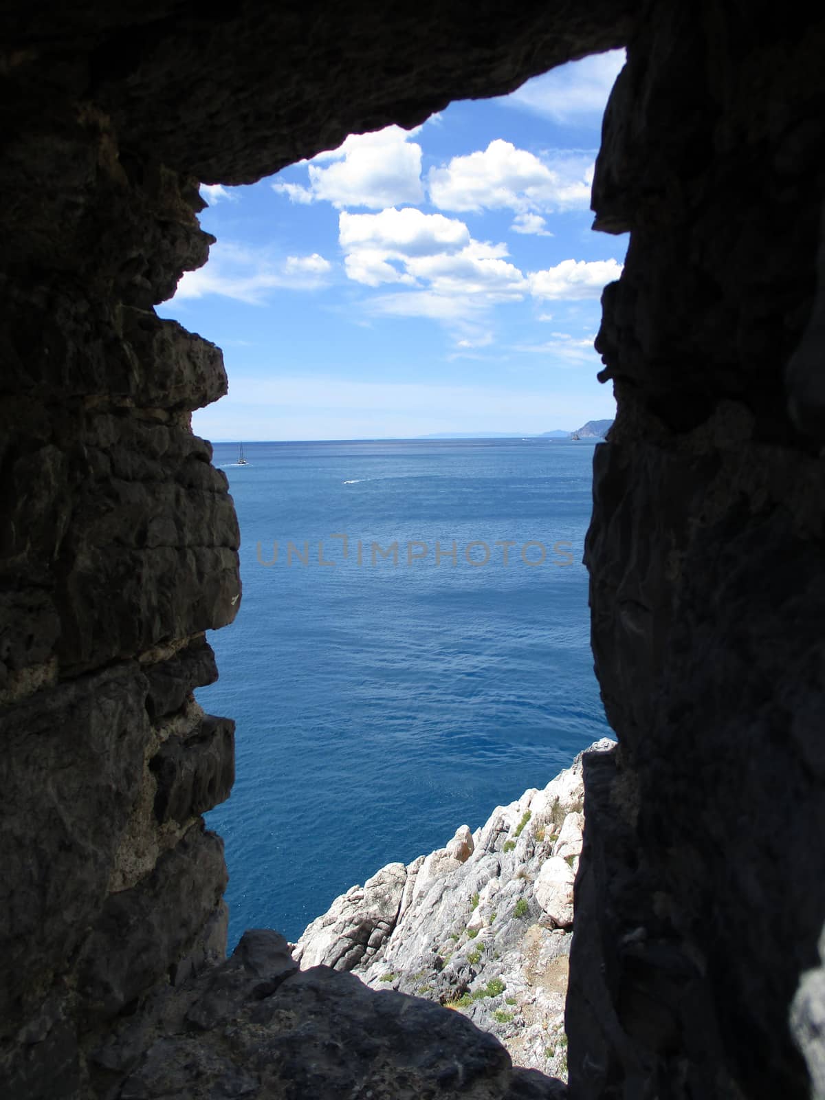 the sea of Portovenere from the remains of the old village, Liguria, Italy