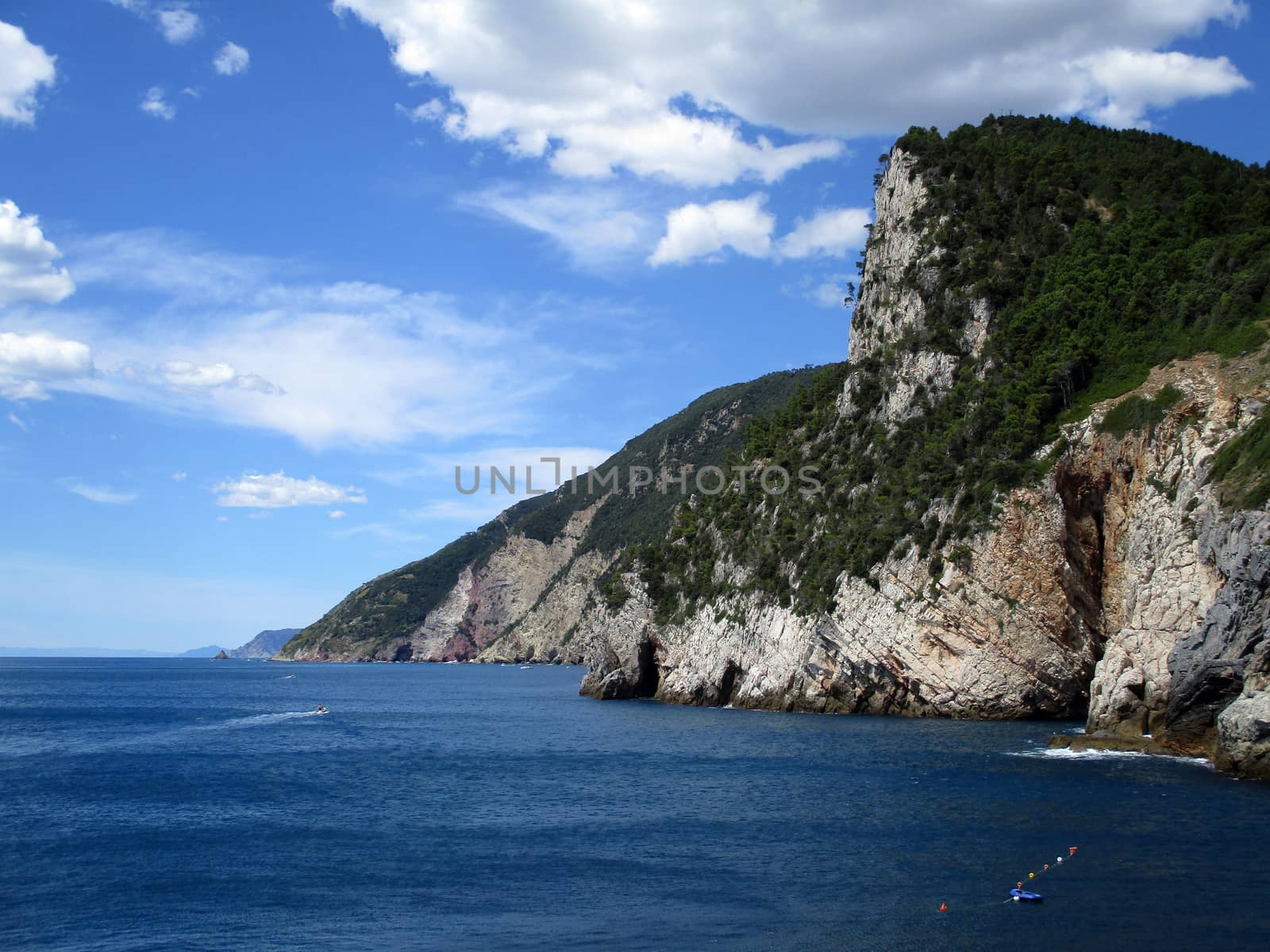 top view of the coastline around Portovenere, Liguria, italy