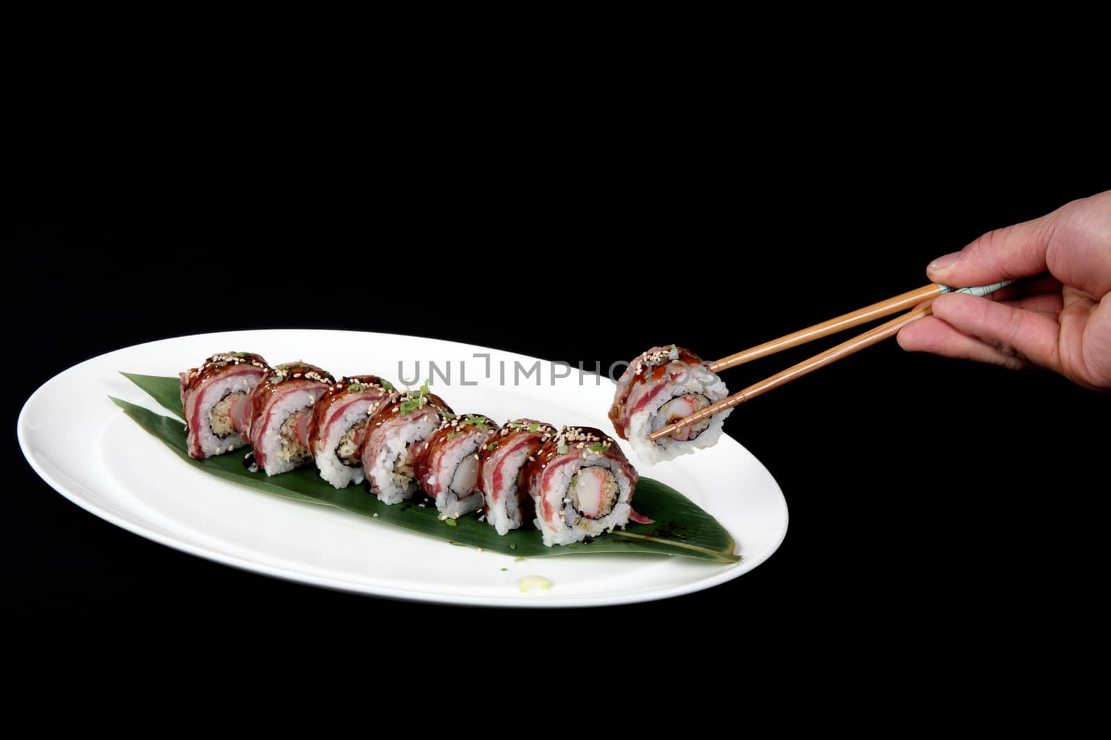 dish of Japanese cuisine meat, rice, fish and vegetables