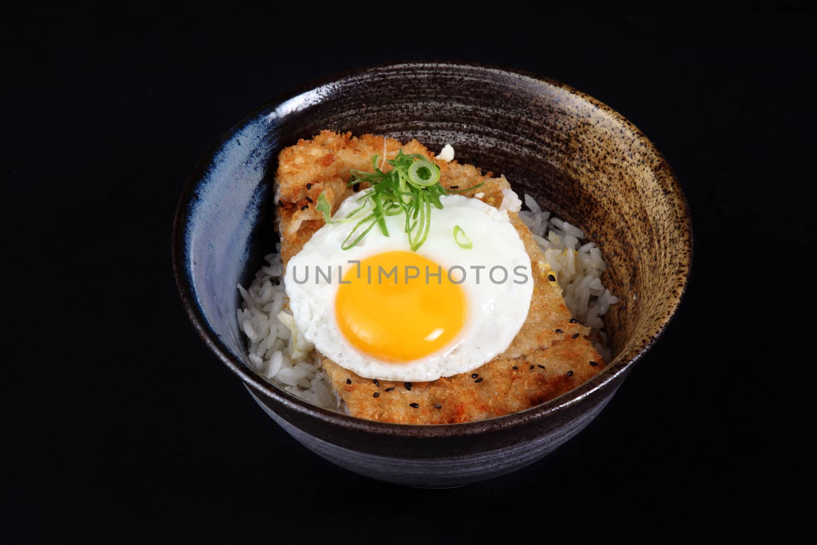 bowl with fried fish, rice and egg on a black background