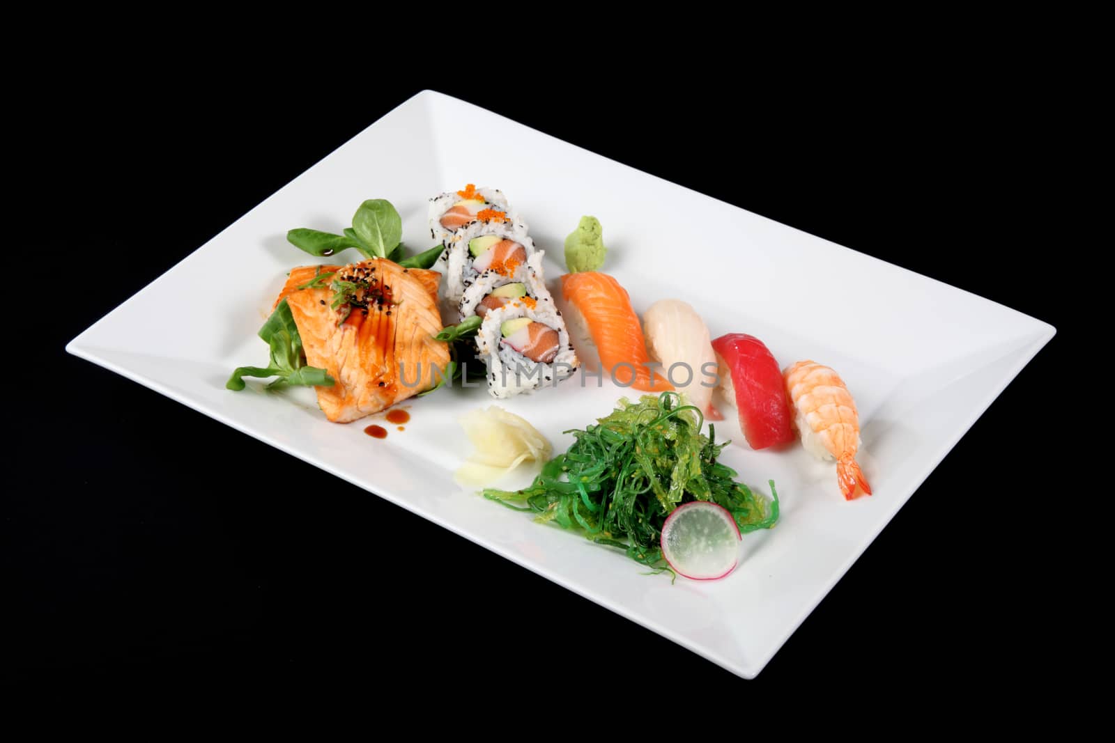 menu of sushi and grilled fish with vegetables in white dish, on black background