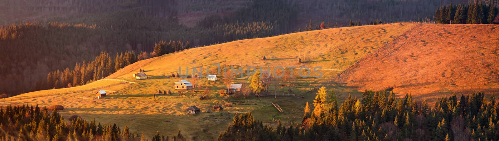 Autumn rural scene in mountains. Autumn Carpathian panorama