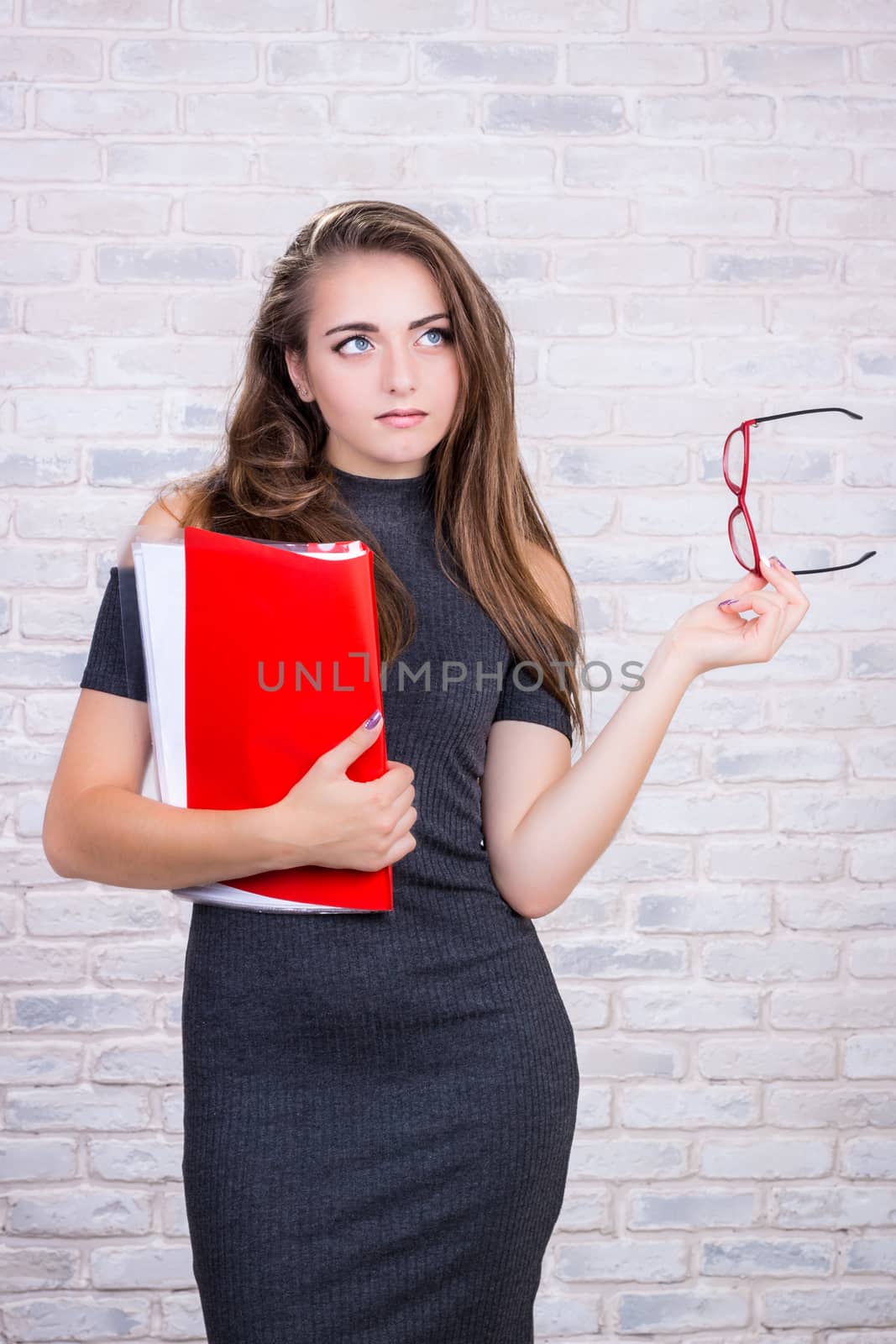 Young beautiful girl model with long hair imitates business lady, office manager or administrator with red folder of documents