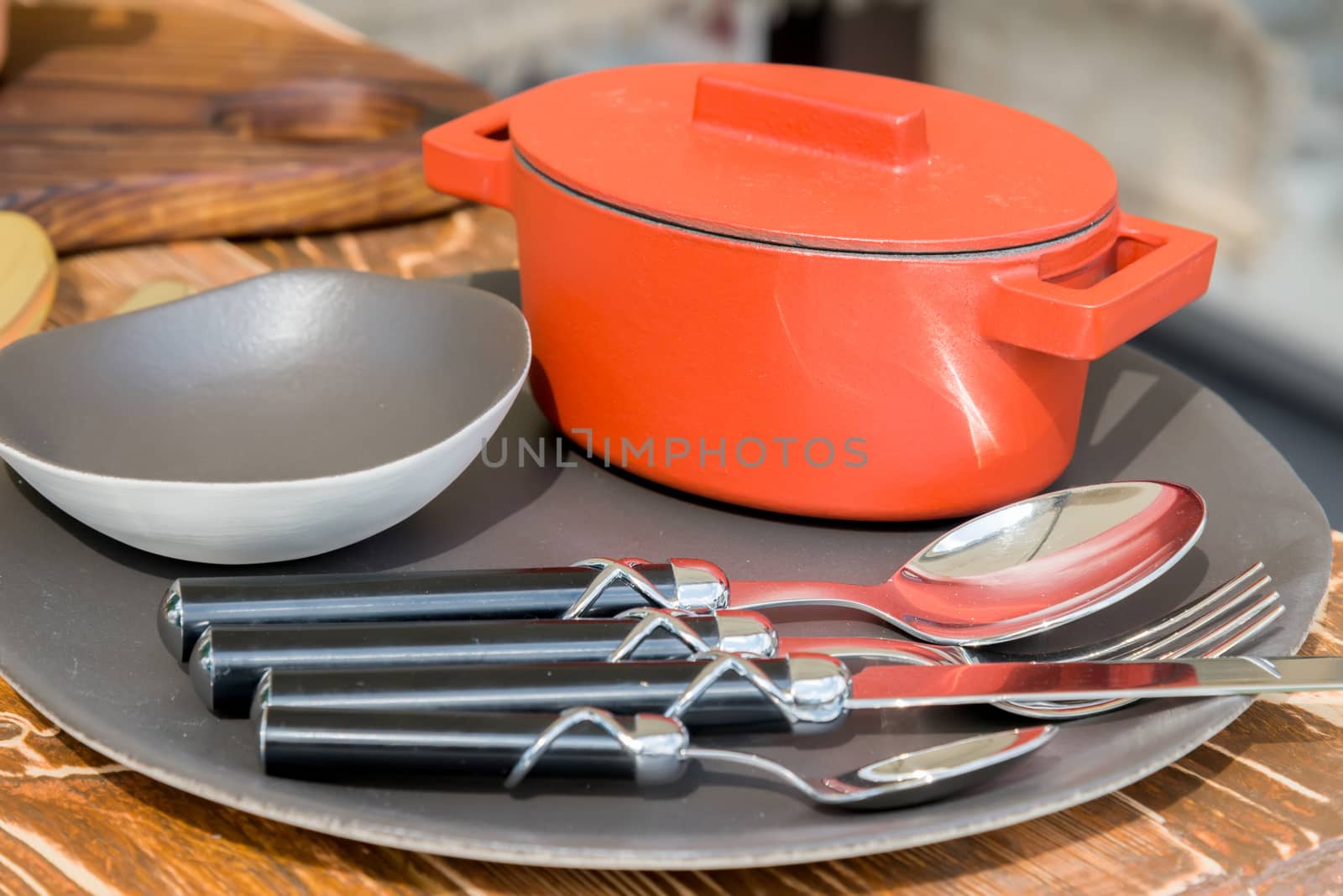 new modern cast iron cauldron and kitchen appliances on a plate