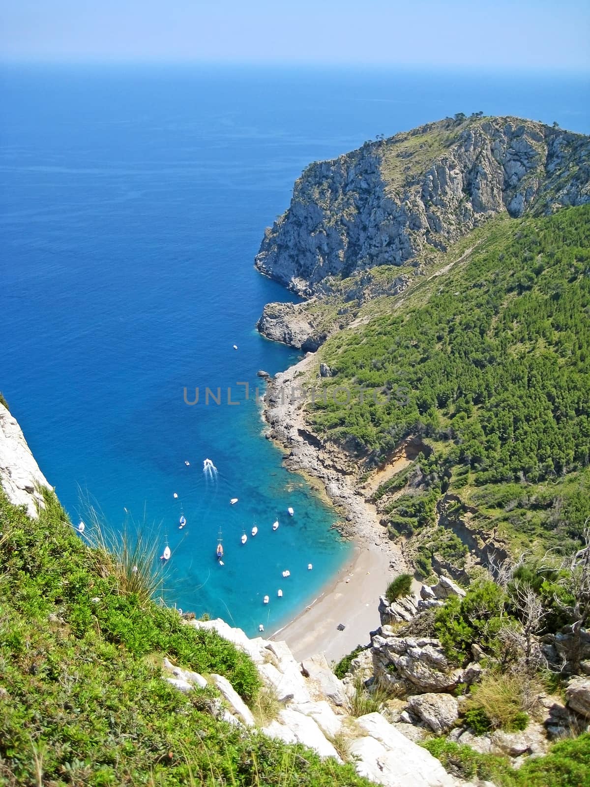 Coll Baix famous bay with beach, Majorca, Spain - view from above