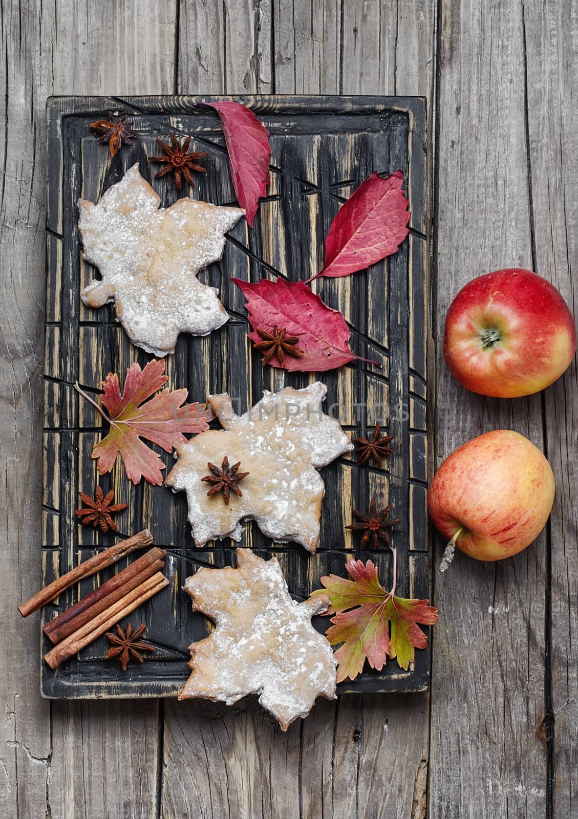 Pastries like cookies maple leaf and autumn apples