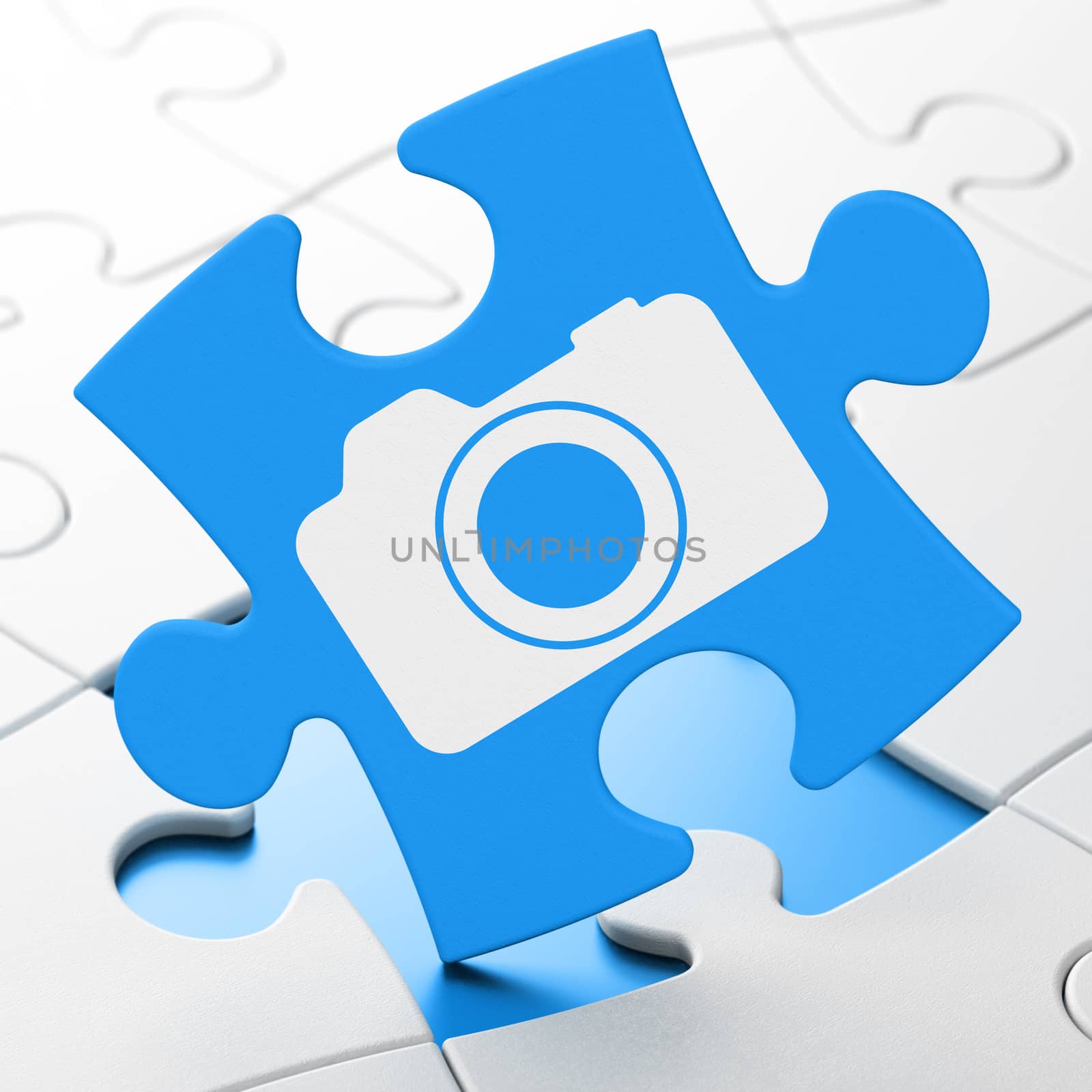 Travel concept: Photo Camera on Blue puzzle pieces background, 3D rendering
