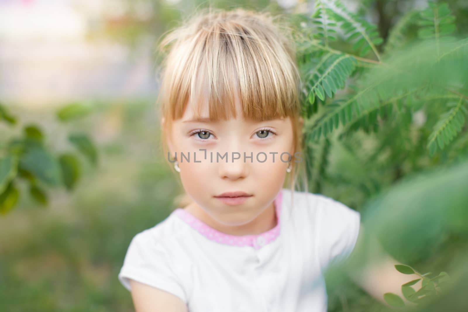 Portrait of the girl in the green bushes, close-up