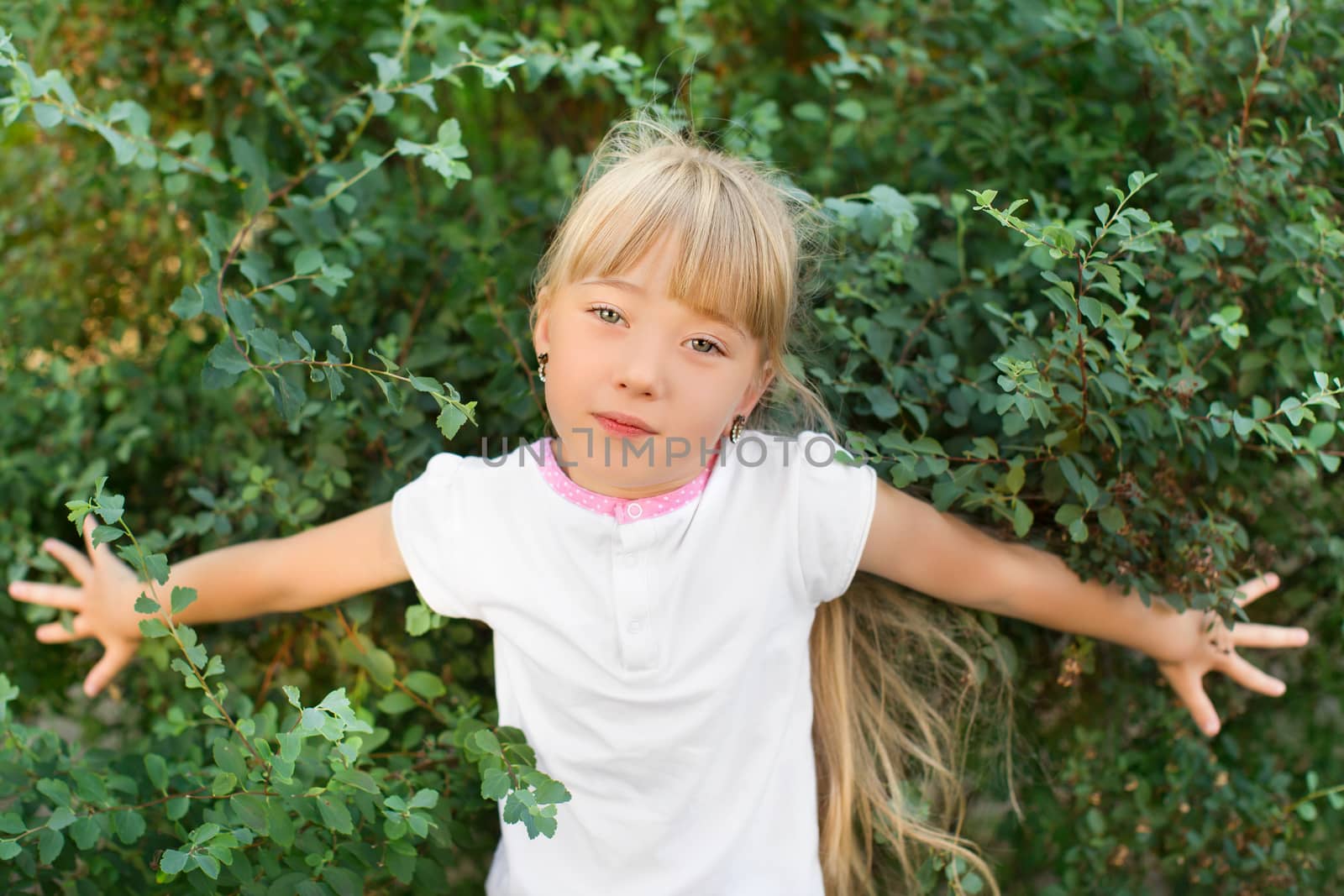 Portrait of the girl in the green bushes, close-up