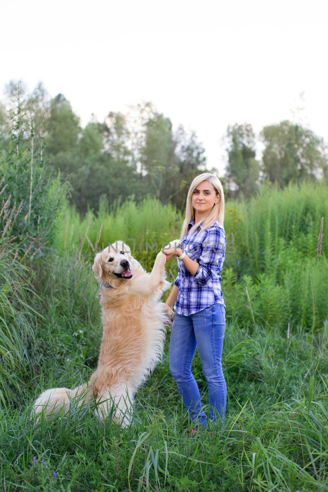 Girl walking with a dog on a green meadow