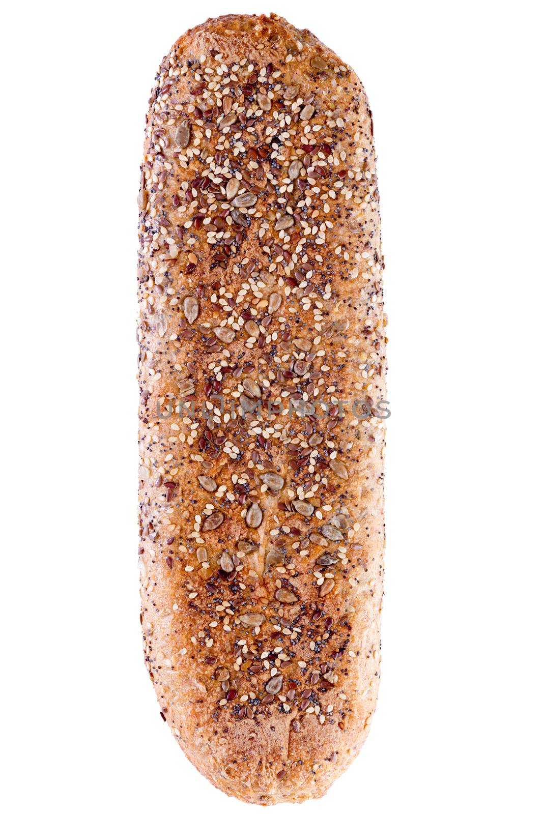 Underneath view of a loaf of freshly baked wholegrain bread covered with sesame seeds isolated on a white background in an aerial view