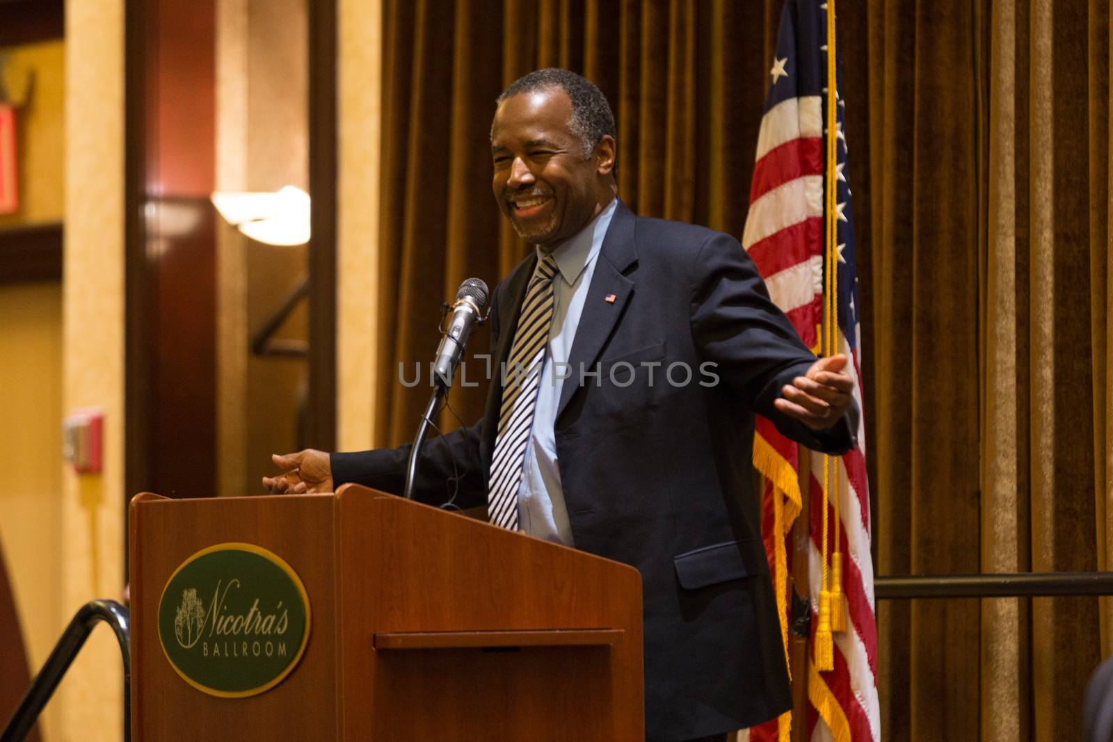 UNITED-STATES, New York: Republican presidential candidate Ben Carson holds a town hall meeting at the Hilton Garden Inn on Staten Island on January 4, 2016. The retired neurosurgeon once was at the top of the polls, but his numbers have plummeted in Iowa and elsewhere. In the wake of an internal power struggle between business manager Armstrong Williams and some of Ben Carson's top staffers, the candidate said that a more aggressive campaign was on the way. The New York Republican presidential primary is on April 19, 2016. 	 	
