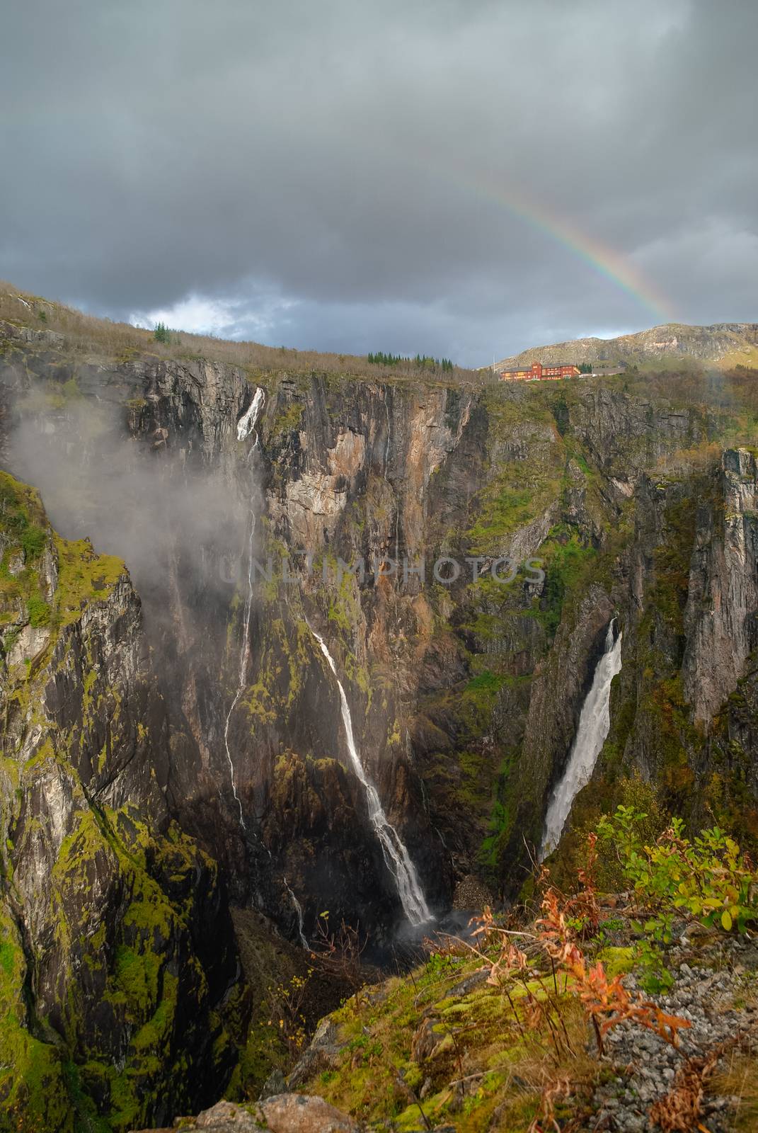 Rainbow over the famous Voringsfossen waterfalls near Hardangervidda, Norway