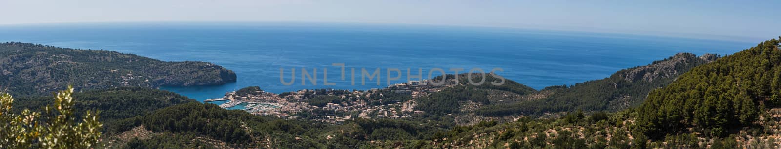 Panoramic views of the bay of Port de Soller, Mallorca in Spain.