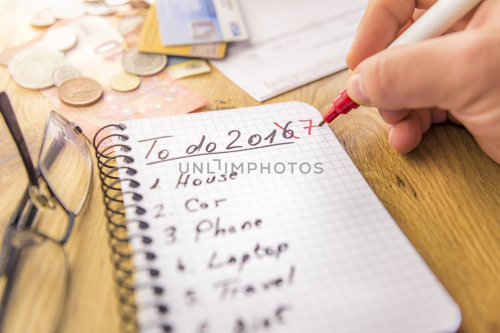 Close-up image with the financial plans for 2017, written by a man's hand in marker on a spiral notebook, money, cards and bills are in the background.