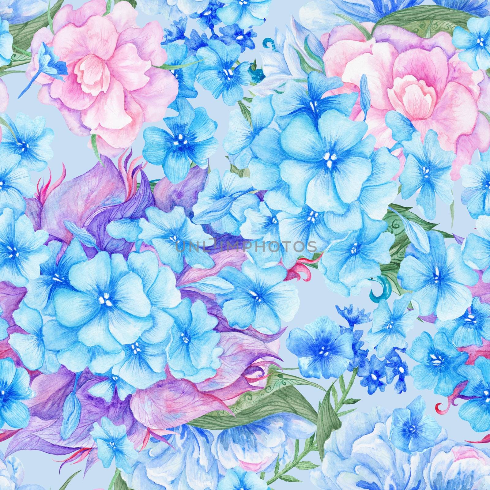 Seamless watercolor flower texture for wedding, wallpaper, textile design with blue and pink hydrangea and peony