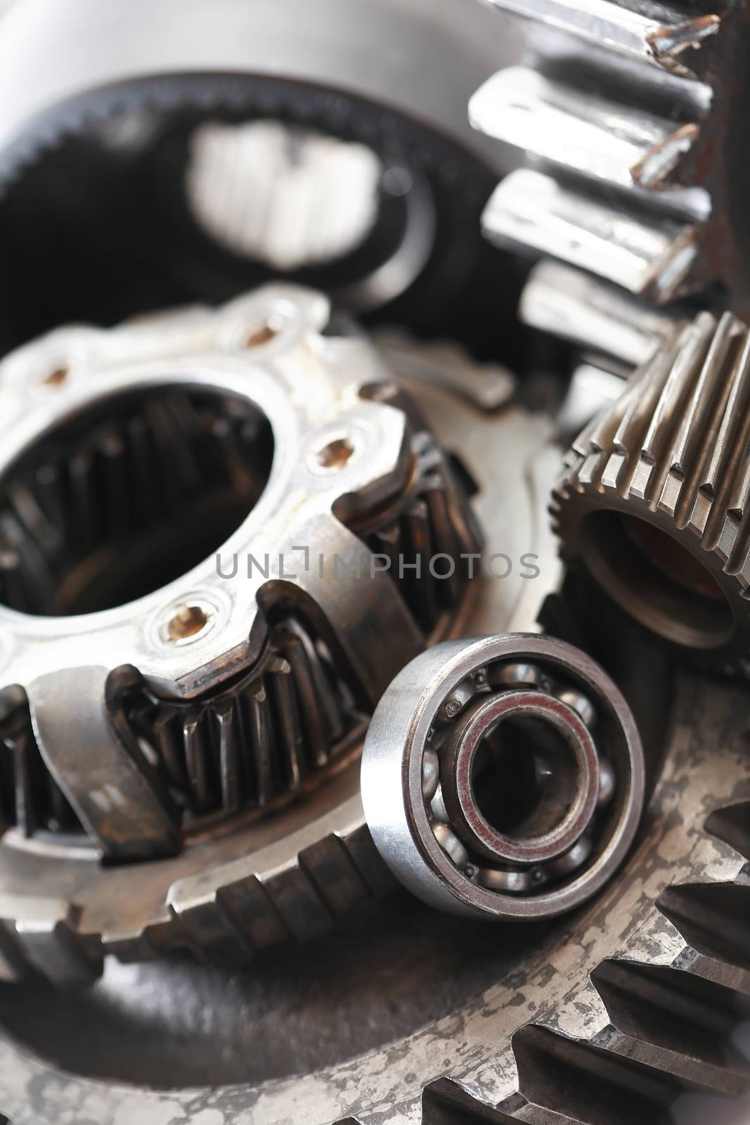 Machinery concept. Set of various gears closeup as background