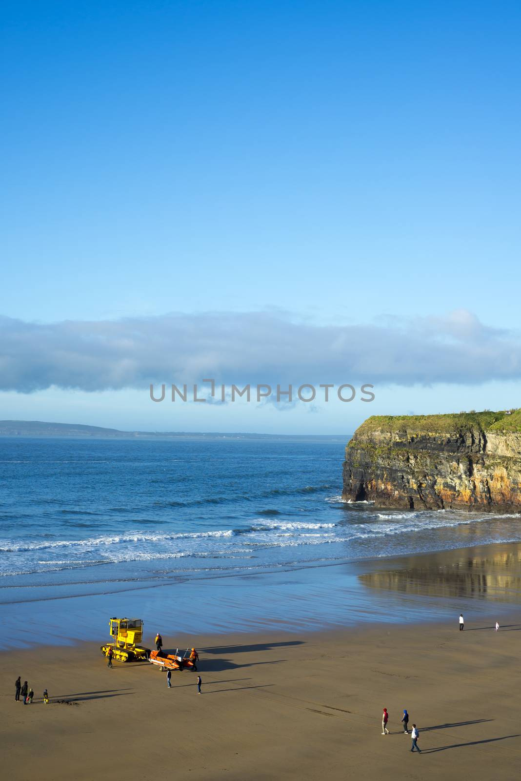 a semi-submersible vehicle towing sea rescue craft to the sea for launching in Ballybunion ireland