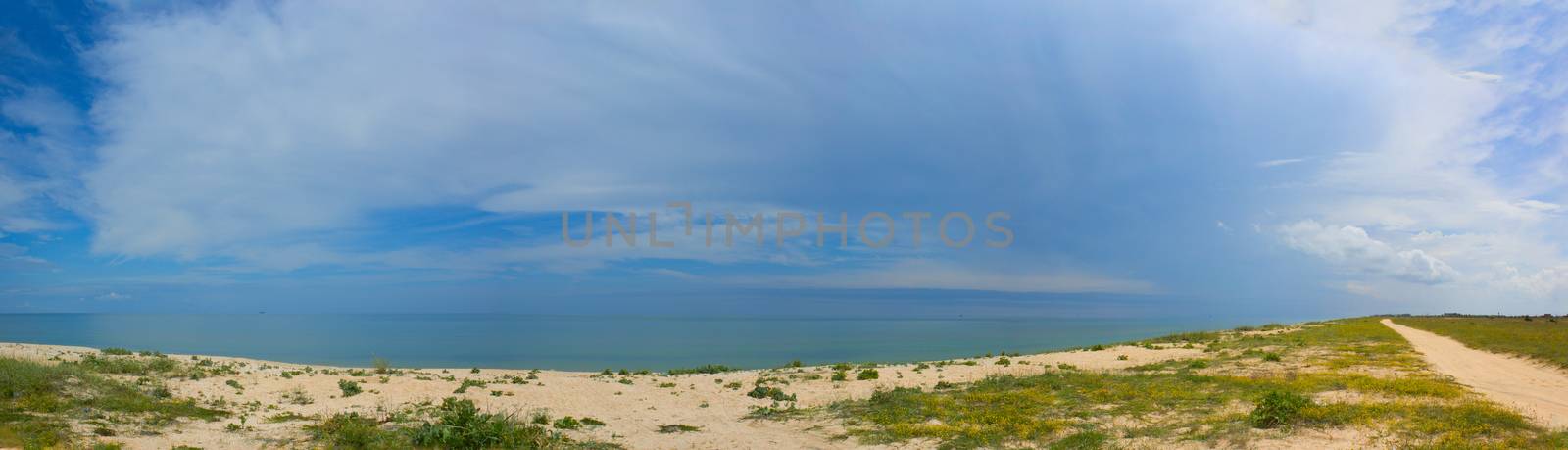 beach panorama. Long and empty sea coast beach panoramic view background