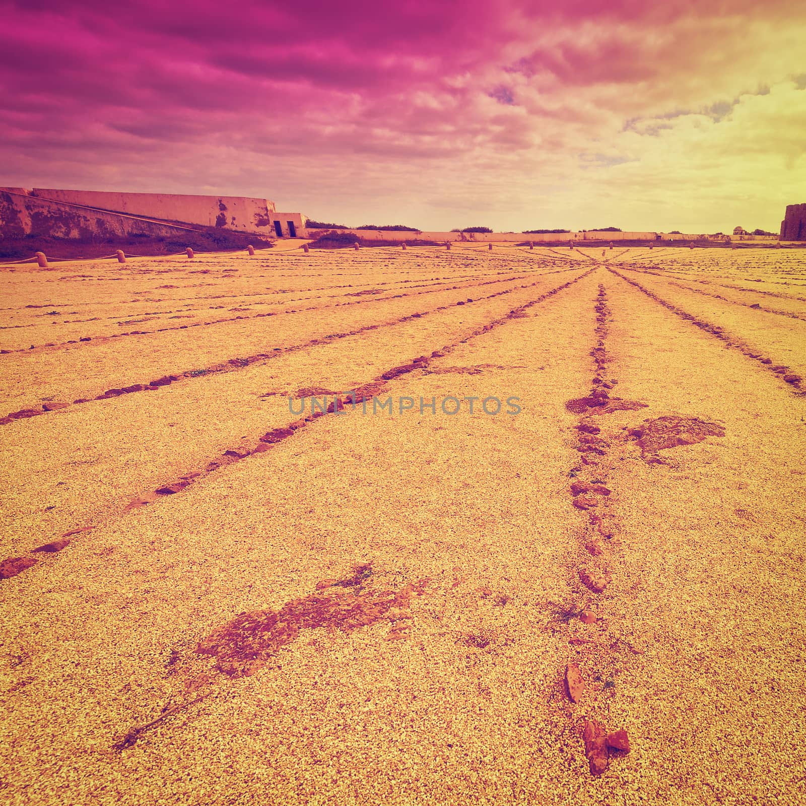 Giant Sundial in Portuguese Fortress Sagres on the Deserted Beach of the Atlantic Ocean at Sunset, Instagram Effect