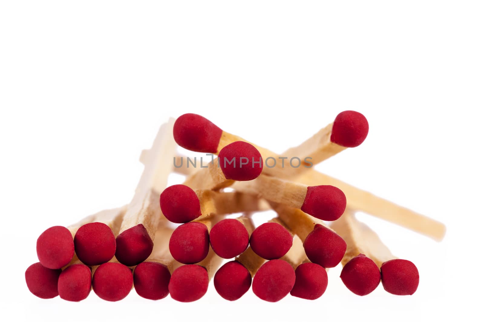 Heap of matches with rad heads isolated on white background, close up