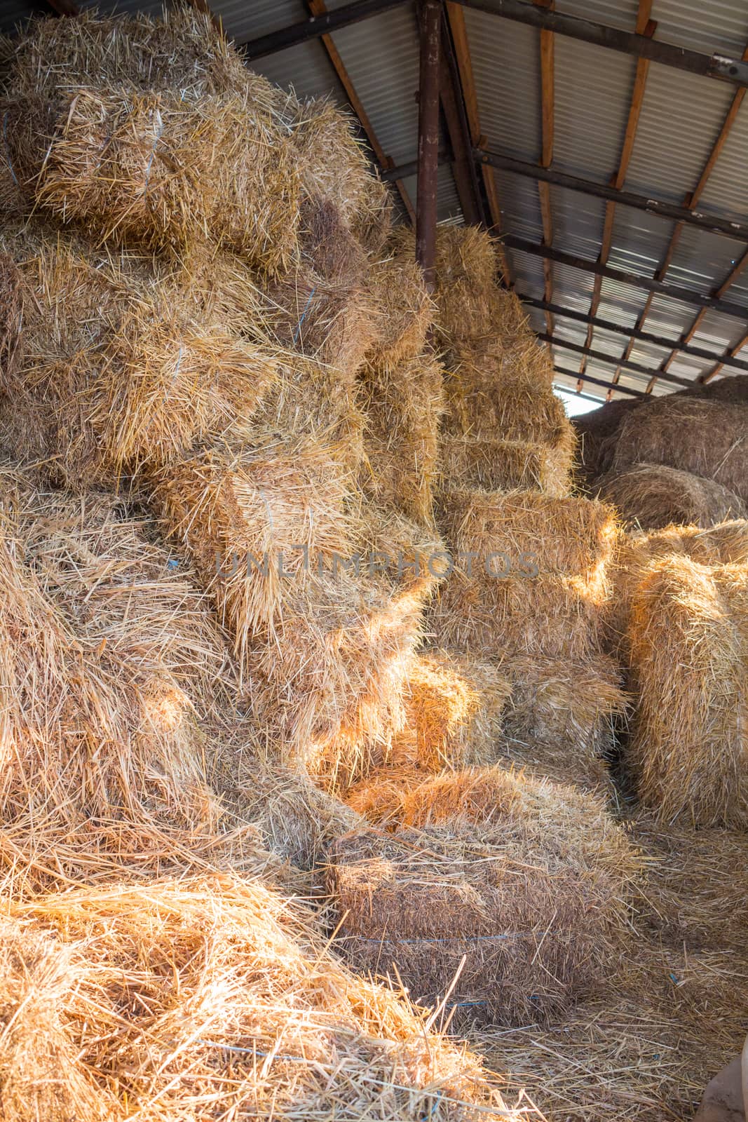 Hay stacks and bales at farm haylof hangar storage