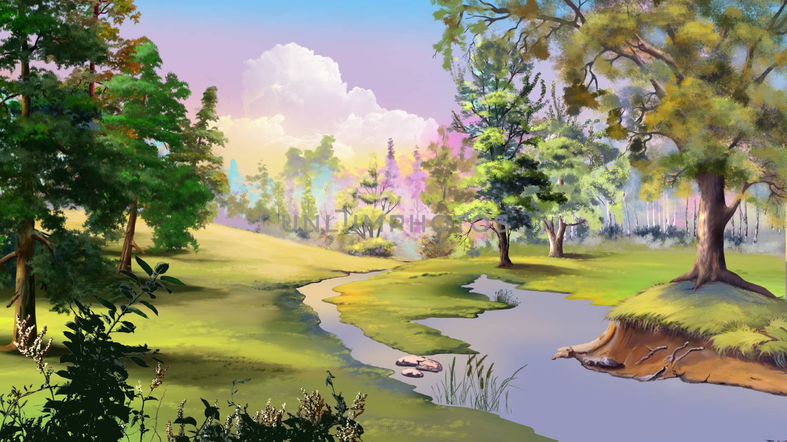 Beautiful view of idyllic autumn landscape with River and Forest Edge. Digital Painting Background, Illustration.