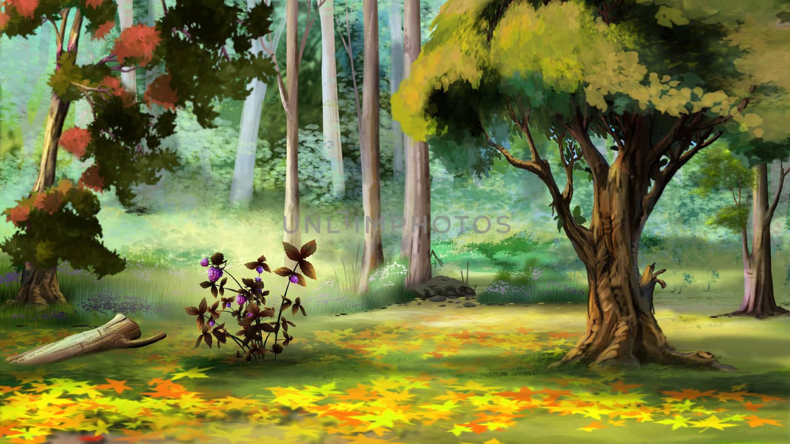 Beautiful view of idyllic landscape with Berry Bush in the Autumn Forest. Digital Painting Background, Illustration.