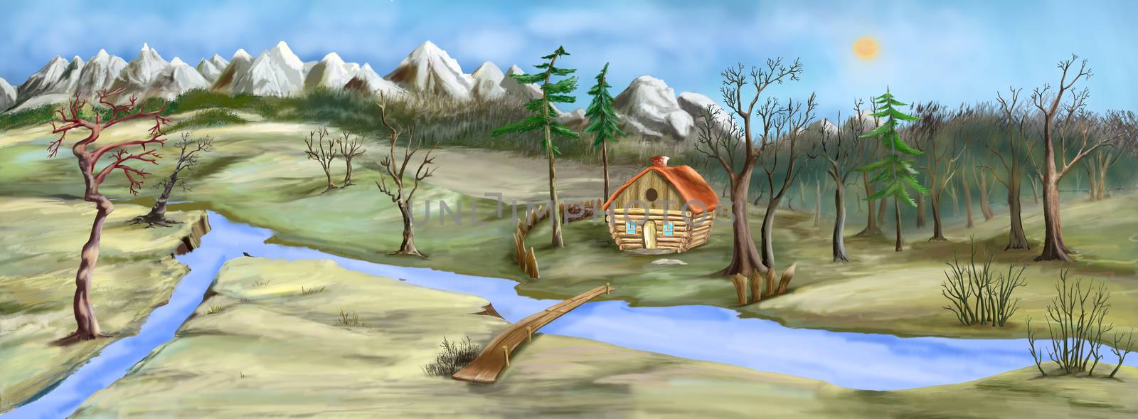 Gloom and dull landscape with Small House Near the River in late Autumn. Digital Painting Background, Illustration.