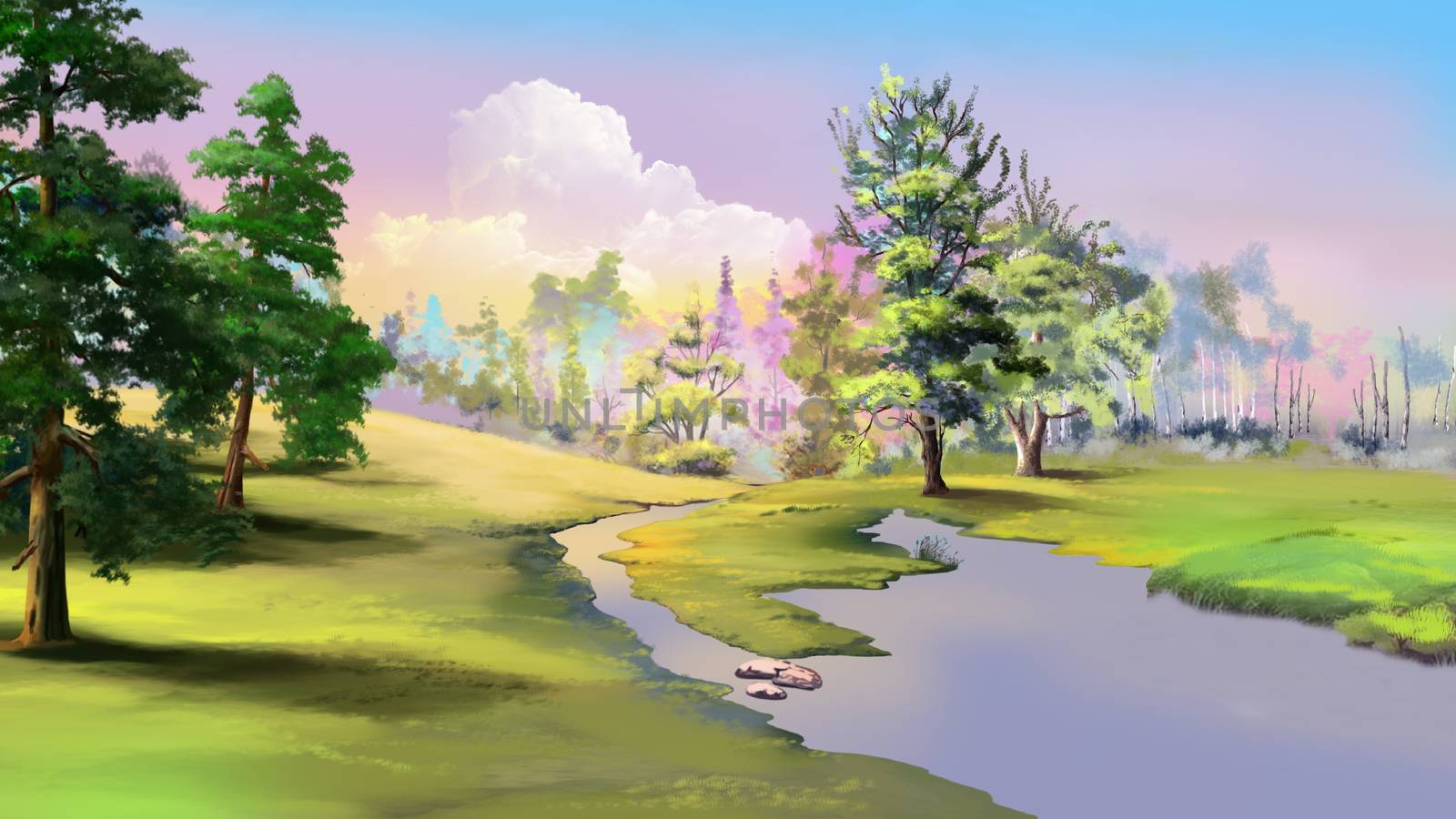 Autumn landscape with small river. Digital Painting Background, Illustration.