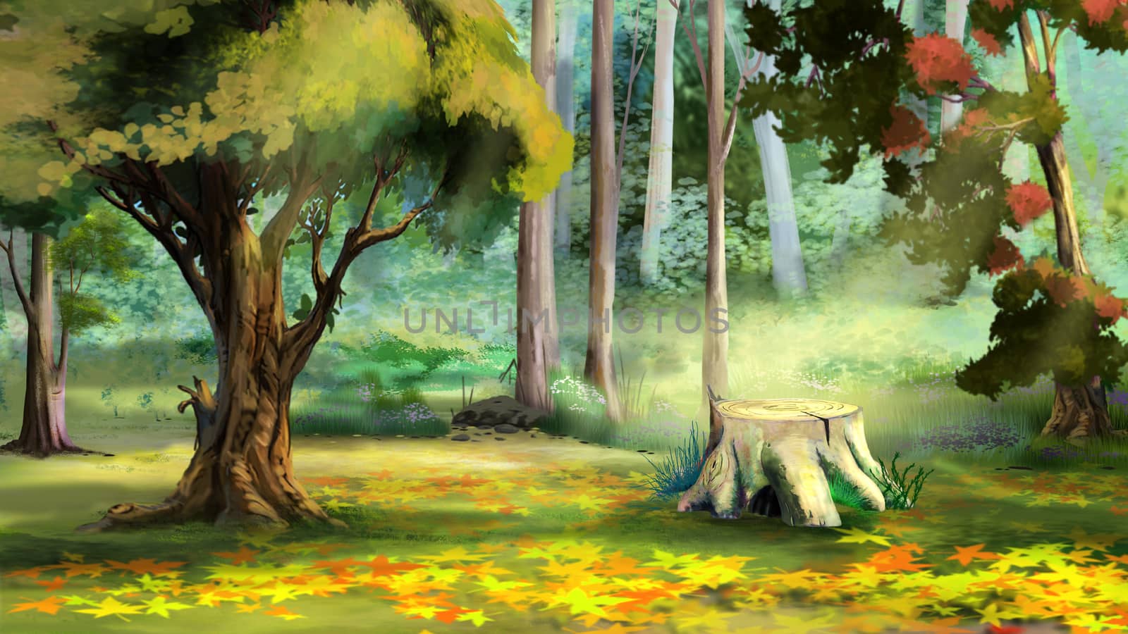 Beautiful view of Old Tree Stump in the Autumn Forest. Digital Painting Background, Illustration.